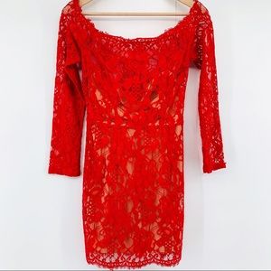 TOBI Small red lace off the shoulder mini dress C